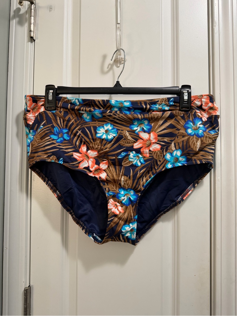 Lands' End Navy Floral High-Waist Swim Bottoms with Blue and Coral Flowers